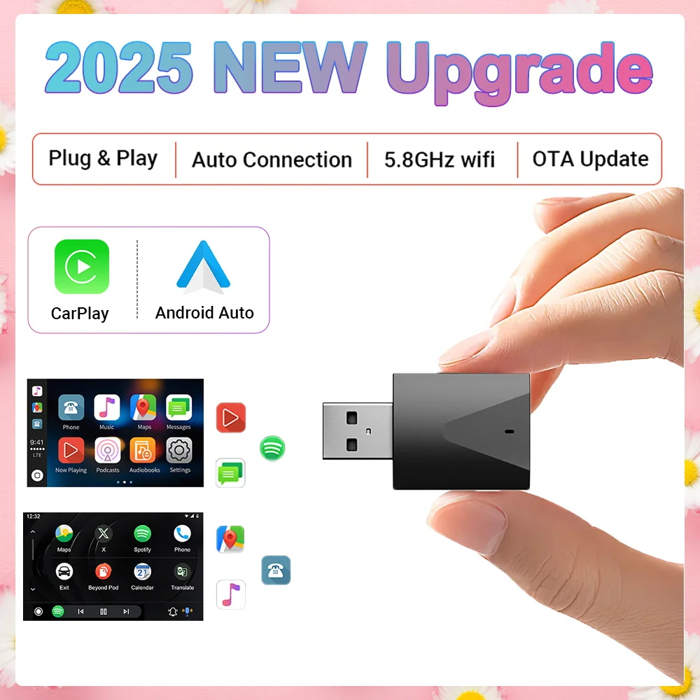 

2025 Модернизированная беспроводная коробка CarPlay Android Auto Box без провода Bluetooth Wi-Fi Быстрое подключение Обновления OTA Поддержка 99% автомобилей