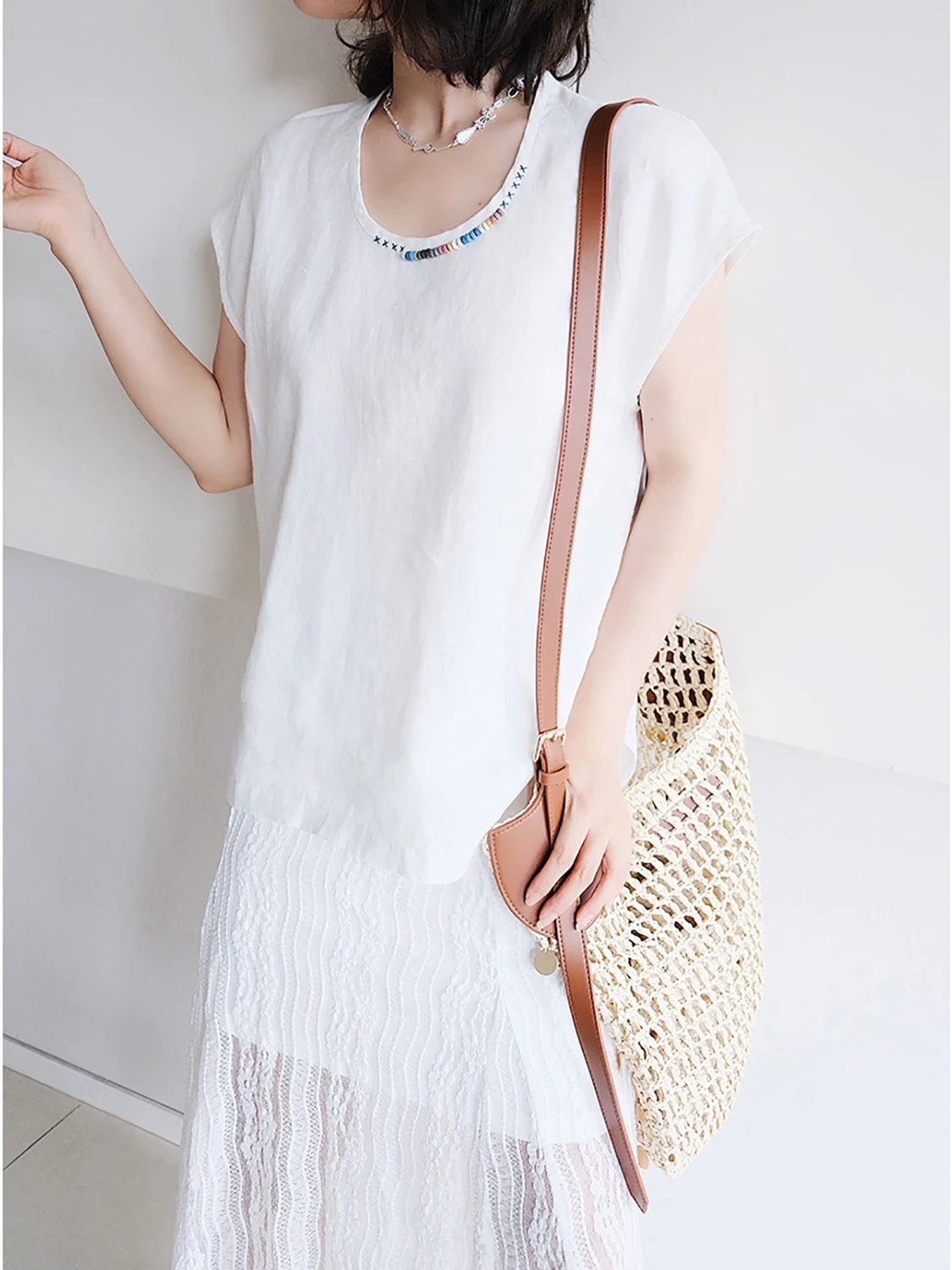 

Handmade Beaded Linen Top Women's Casual Summer Moisture ng Loose Fit Pure Color T-irt ALOOF Commute Sle
