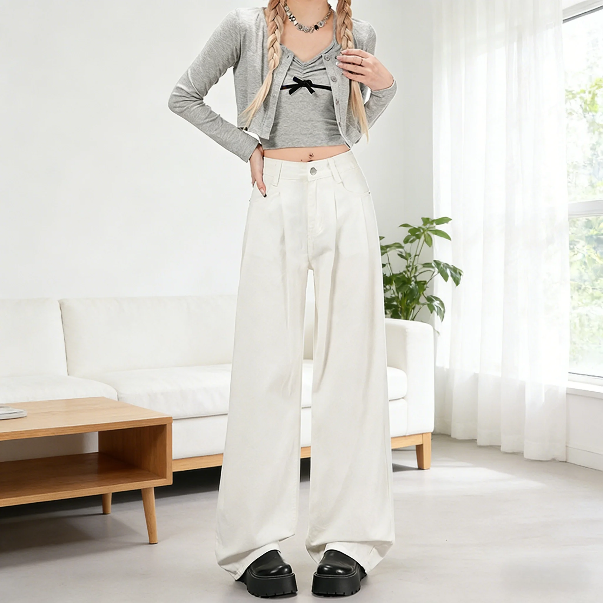 レディースパンツ Y2K ジーンズ バギーパンツ ホワイト ストレッチ 快適フィット スリムで背が高く見えるスタイリッシュな服装に バギージーンズ