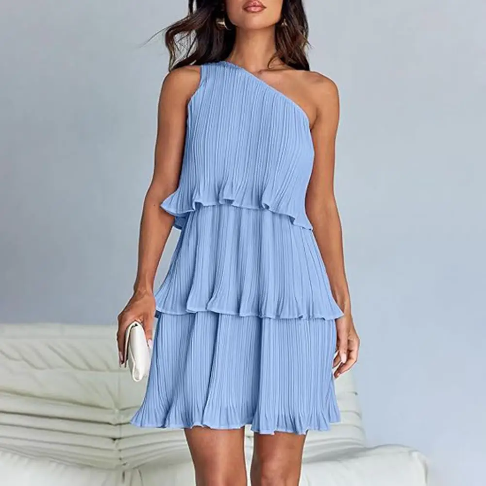 

Layered Beach Dress Summer Mini Dress Elegant One Shoulder Ruffle Tiered Mini Dress for Women A-line Beach Party Prom Banquet