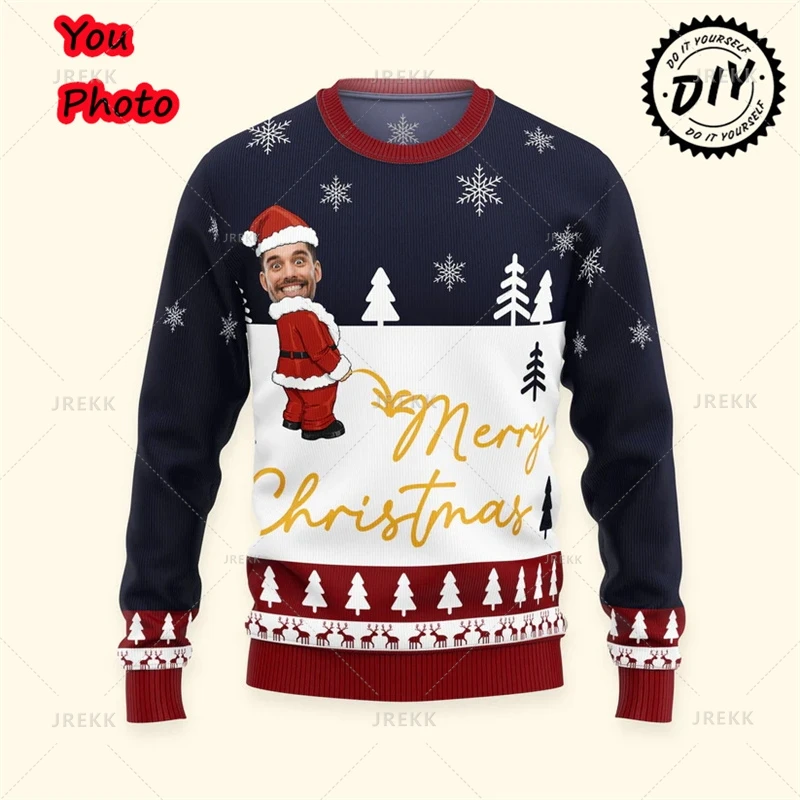 Zdjęcia Druk 3D Brzydkie Świąteczne Swetry - Niestandardowe Zdjęcie Męski Sweter Xmas Wesołych Świąt Bluzy Topy Bluza Crew Neck