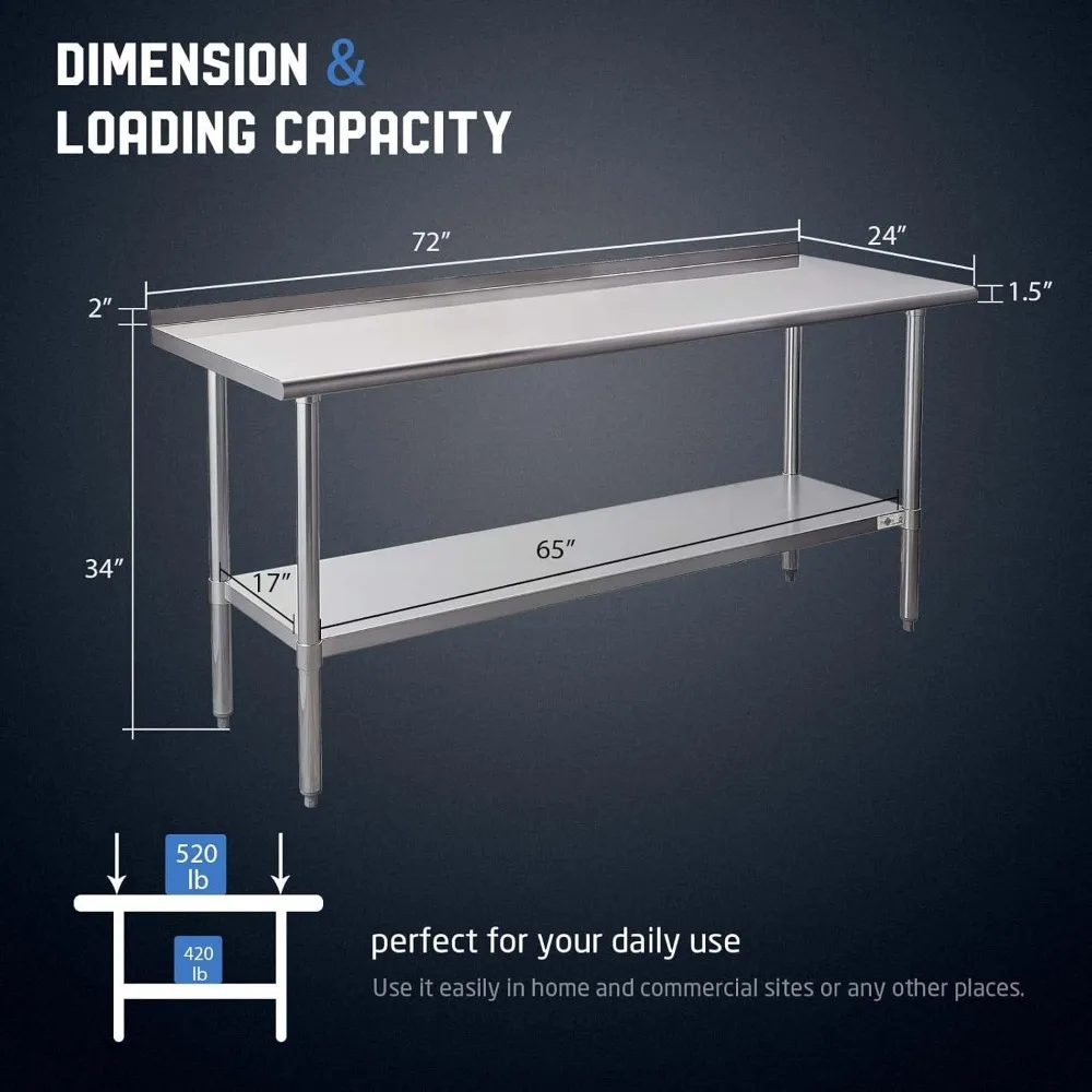 Stainless Steel Prep Table Commercial Work Table with Backsplash and Undershelf for Kitchen Restaurant 24"D x 72"W x 34"H