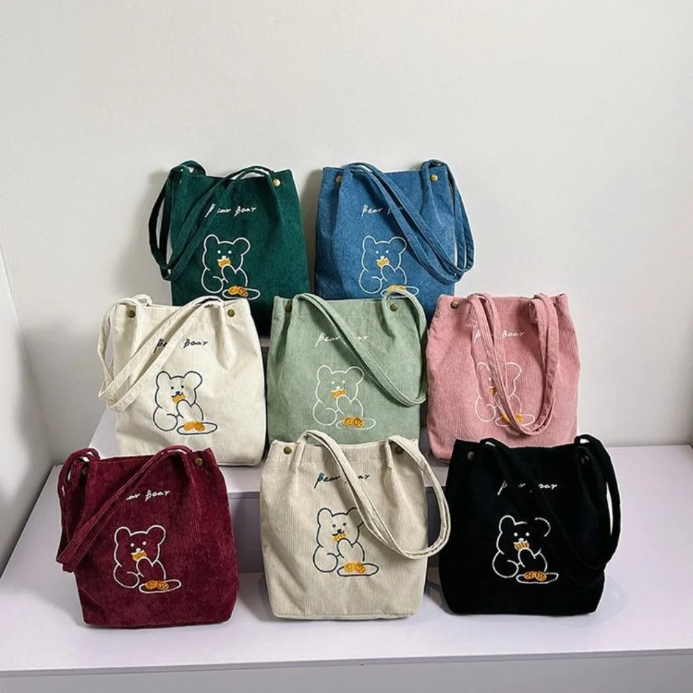 Large Capacity Velvet Women Corduroy Shoulder Bag Little Bear Zipper Little Bear Tote Bag Square Shape Cotton Shopping Bags