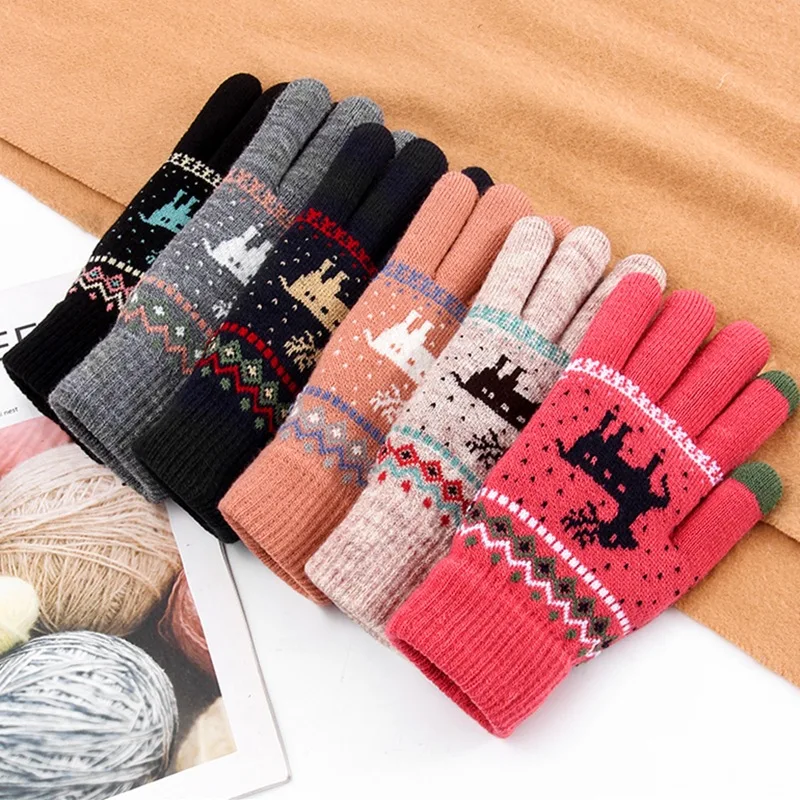 

Rimiut Fashion Knitted Thick Gloves For Men & Women Christmas Deer Printed Warm Autumn Winter Full finger Gloves 2 Style 6 Color