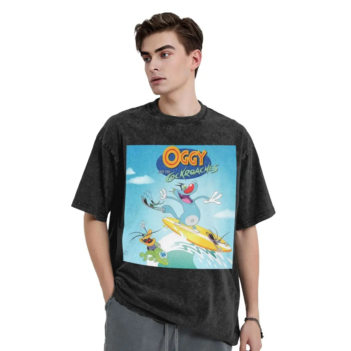 Animation Anime Film Oggy And The Cockroaches Washed T Shirts Printed Short Sleeve Hip Hop T-Shirt Streetwear Tops Tees for Men