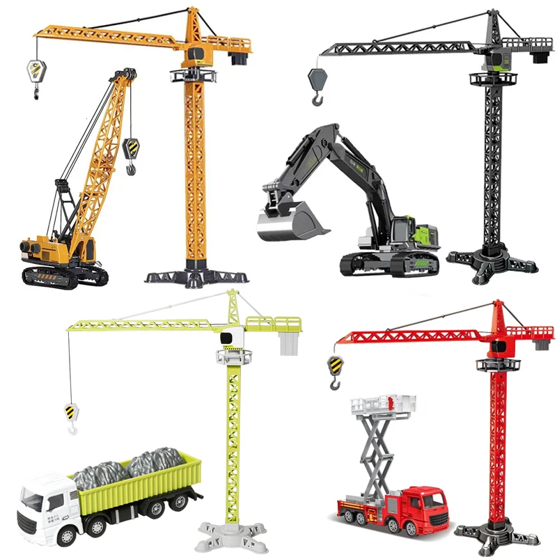 2 PCS Engineering Diecast Tower Crane Construction Model Vehicle Loader Tractor Excavator fire fighting truck for Children  Gift