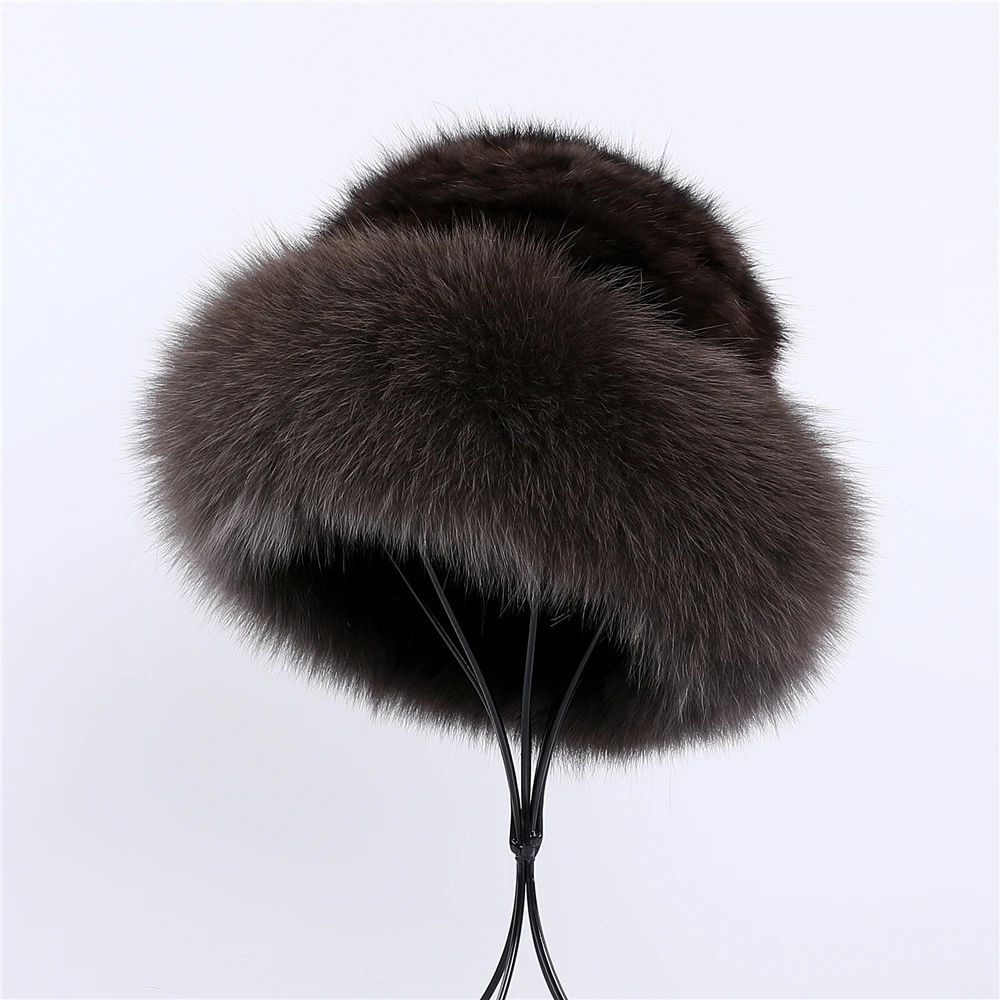 Women\'s Luxury Genuine Sable Fur Knitted Beanie Hat Bucket Caps Lady Fashion Fox Fur Trimming Mink Fur Hats Warm Soft Fluffy