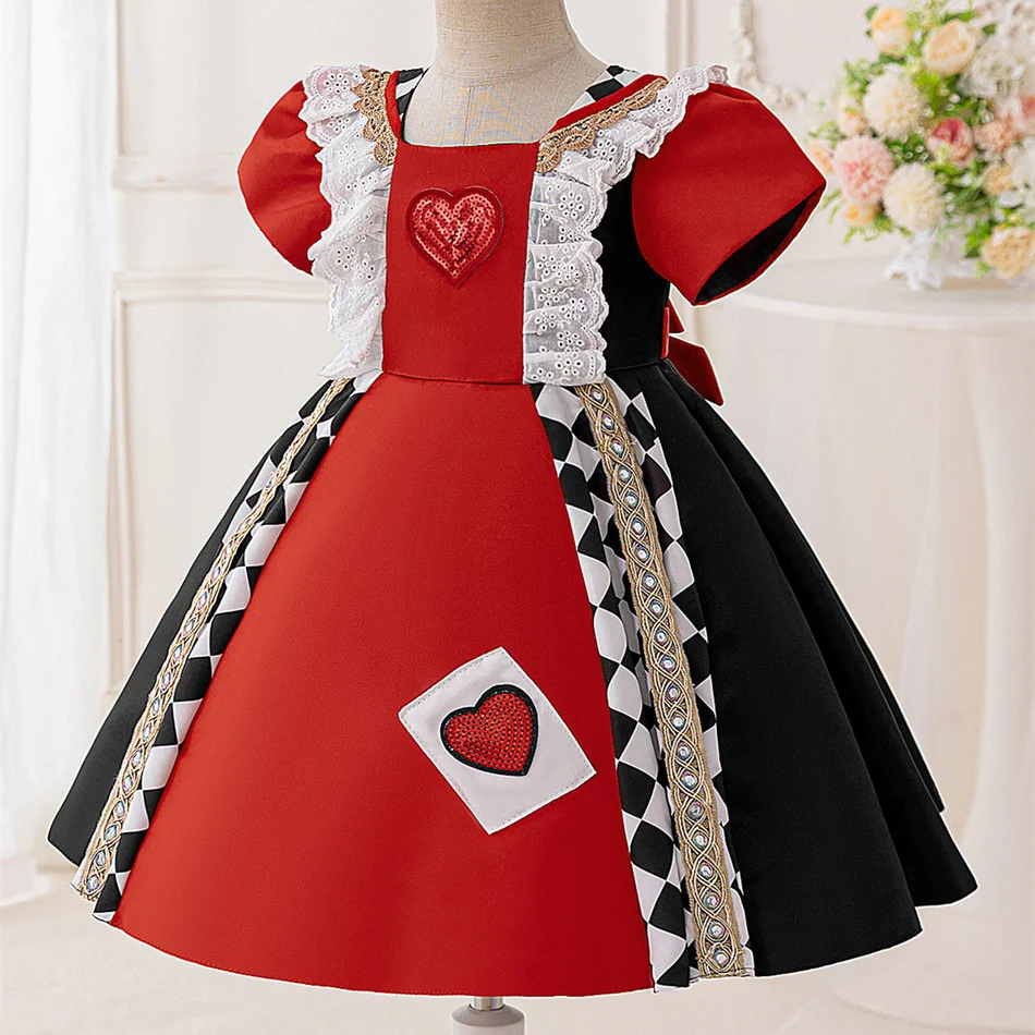 Red Queen Cosplay Princess Dress Girls Alice Performance Costume Kid Masquerade Carnival Halloween Party Fancy Role Play Clothes
