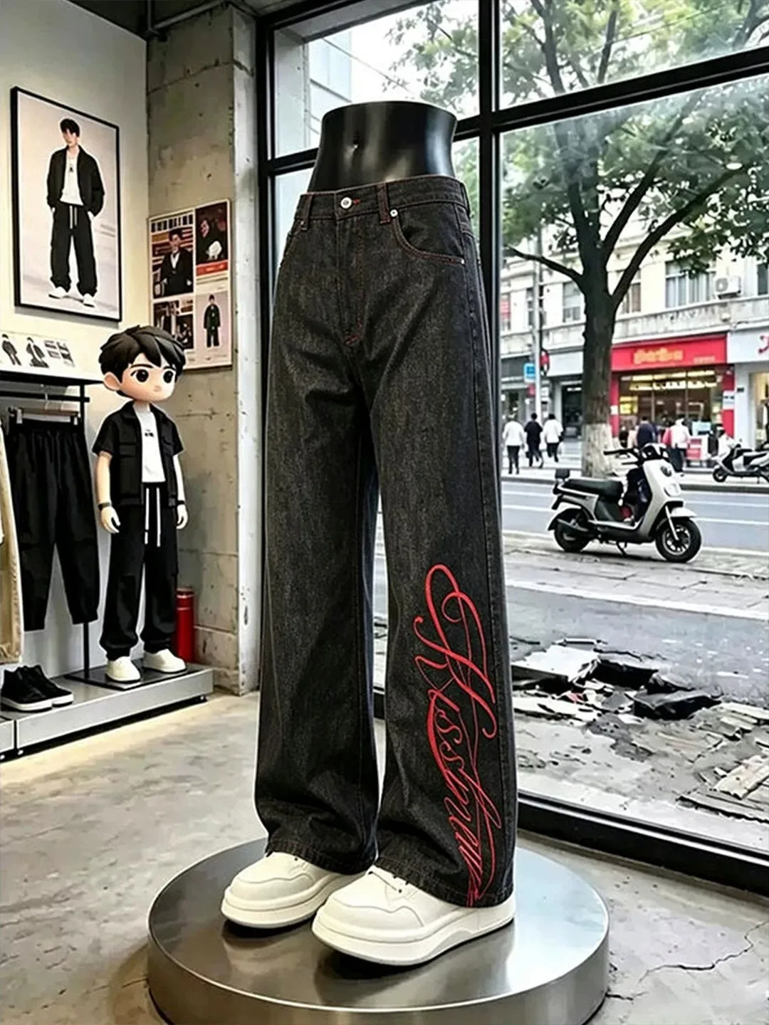 Calças Jeans Retrô Americanas Bordadas, Marca de Moda Urbana, Lavadas, de Perna Reta e Micro Flare para Homens e Mulheres