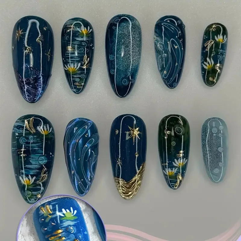 10pcs Handmade Fake Nail Art Ocean Seashell Design Blue Mid-length Oval False Nail Tips with Rhinestone Pearl Press on Nails Set 3