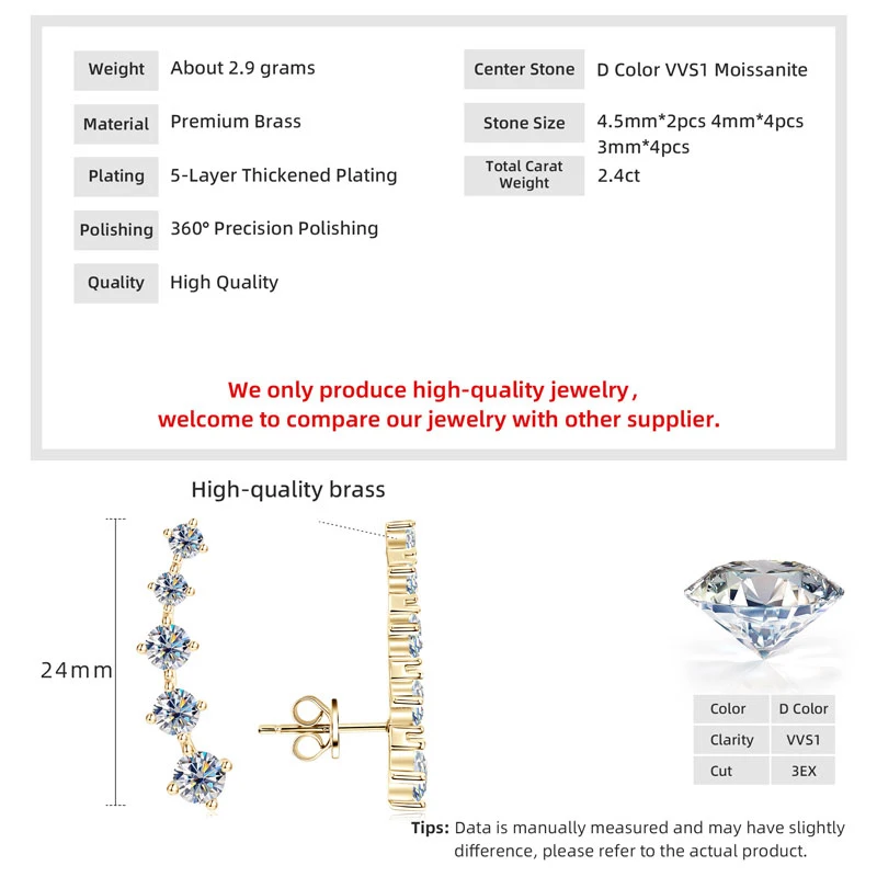 OXTAO Sparkling Moissanite Crawler Stud Earrings D VVS1 for Women Girl 14K Gold Filled Lab Imitation Diamond 2.4ct Earrings Jewelry Accessories Valentine Anniversary Day Birthday Gifts