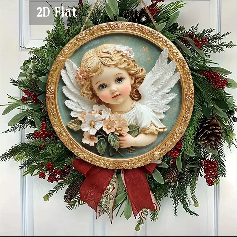 2D Flat, 1pc Vintage Angel & Cherub Wall Art - Round Wood Panel Painting with Winged Angel, Floral Accent - Wood Grain Frameless