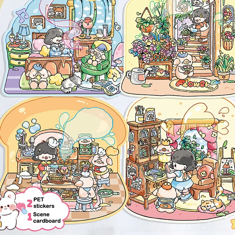 4Set Cute Cartoon 3D Sticker Diy Miniature Scene Landscaping Stickers Stacking Pasting Stickers Hand Account Stickers Gifts