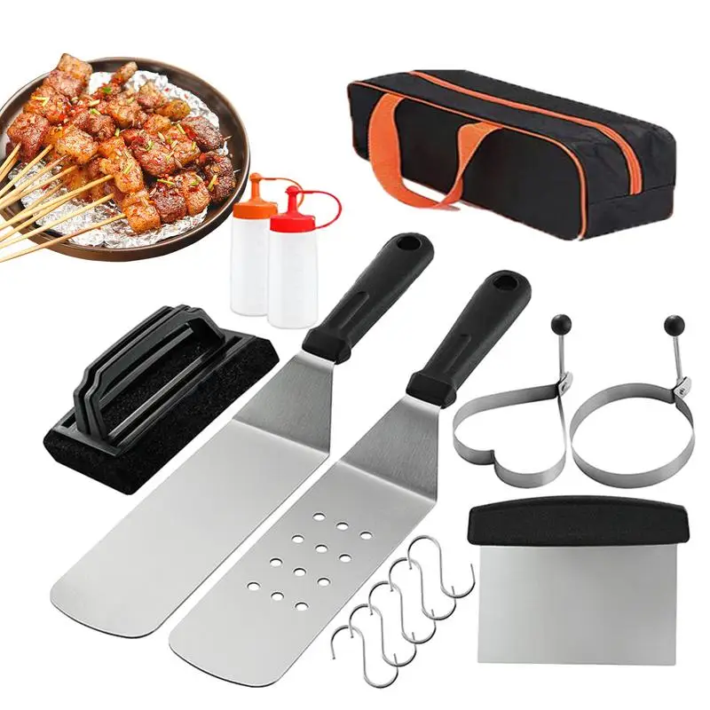 Flat Grill Accessories Barbecue Tool Sets With Extra Thick Steel Enlarged Spatulas Flat Top Grill Accessories In Portable Bag