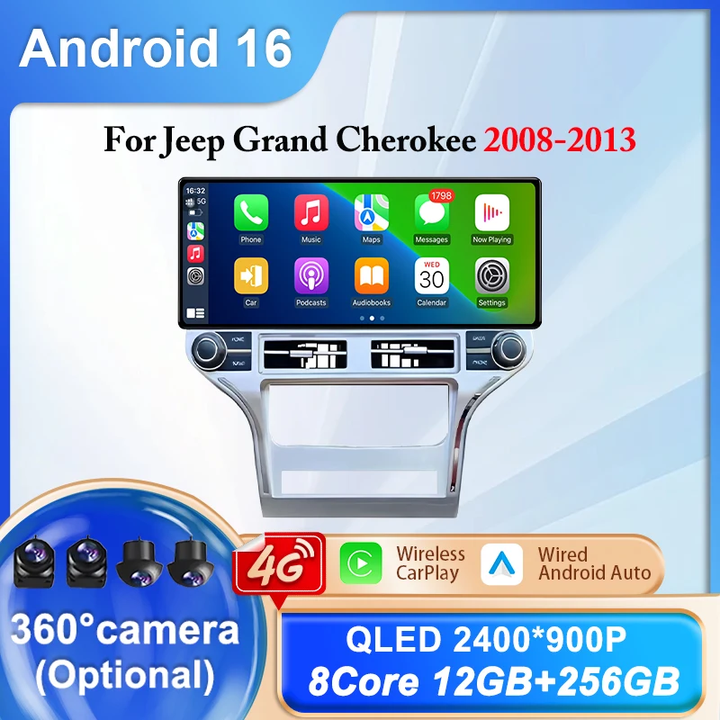 12.3 inch for Jeep Grand Cherokee 2008 - 2013 Android 16 GPS Navigation Split Screen Carplay Auto Navigation Head Unit WIFI DSP