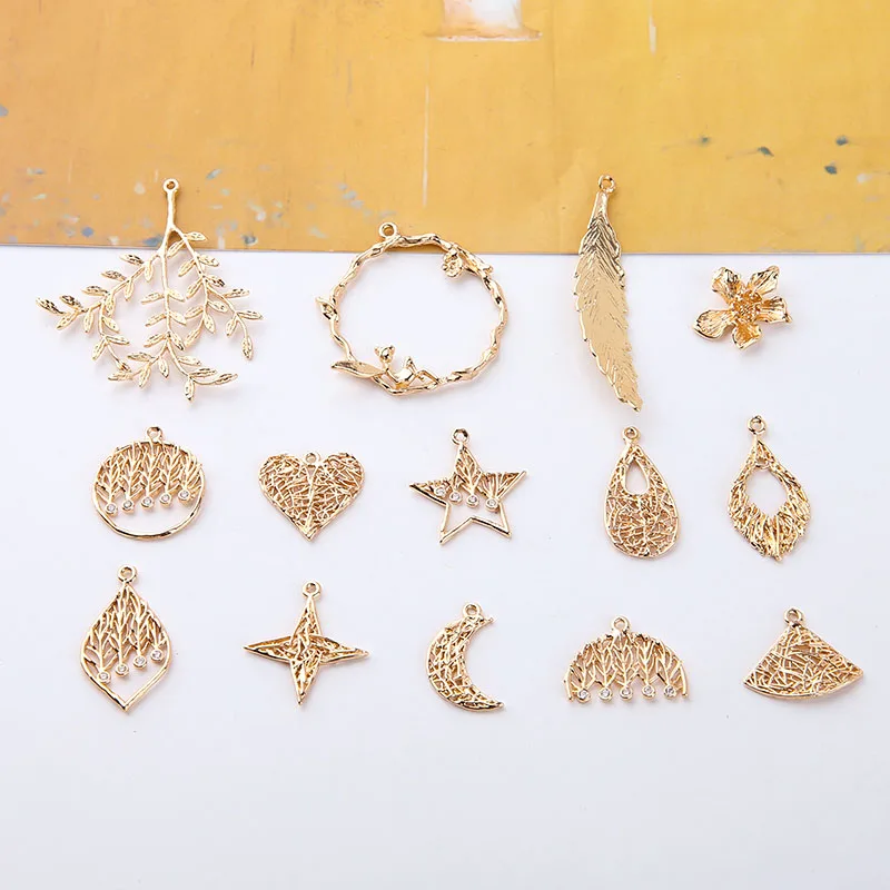 1pcs Copper-plated Color-preserving Leaves Flowers Stars Moon Love Birdcage Pendant Diy Earrings Material Handmade Charms