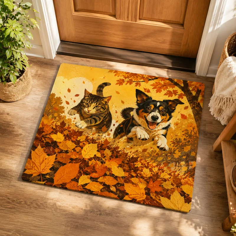 VIKAMA Autumn Red Maple Golden Retriever Welcome Floor Mat Golden Autumn Forest Fallen Leaves Cute Pet Printed Door Mat