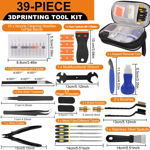 Imagen 2 del producto Kit de Herramientas para Impresora 3D de 39 Piezas con herramientas de limpieza de boquillas, raspador, cepillos, juego de limas, cortador y cuchillo para impresoras FDM/SLA