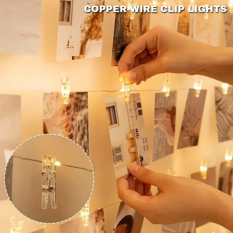 1 Photo Clip String Lamp Indoor String Lamp for Hanging Picture Postcards Bedroom Wall Decoration Wedding Birthday Party Gifts