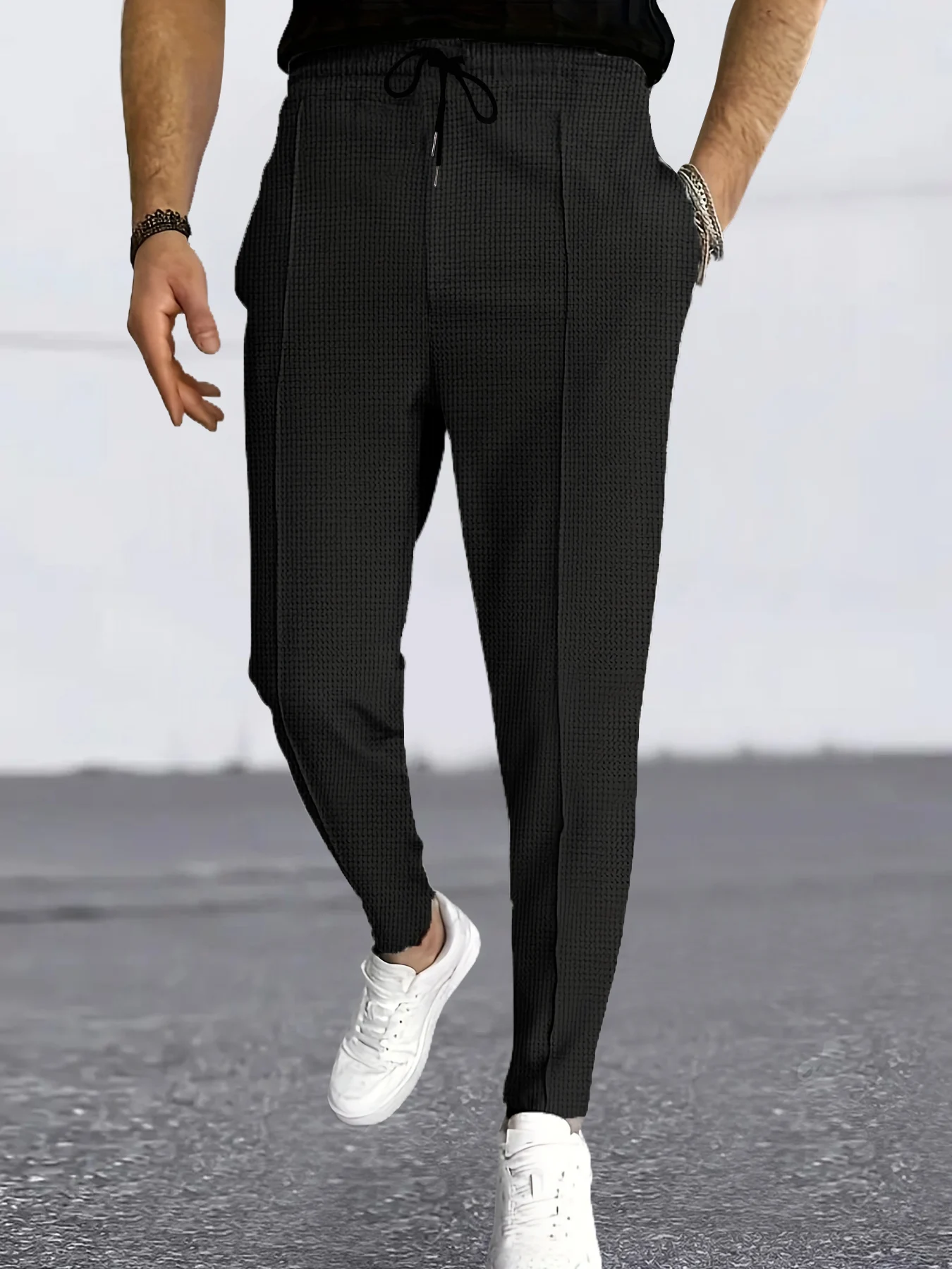 

Men's Black Waffle Texture Drawstring Straight Leg Casual Pants Summer Loose Draped Commuter Trousers