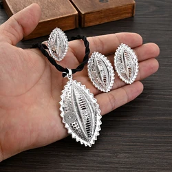 Ethiopian Silver Plated Bridal Jewelry Sets Necklace Earrings Ring Gifts Wedding Jewellery Set For Women