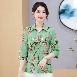 Middle aged mother Casual Loose Turn-down Collar Blouse Summer Fashion Vintage Printed Female Clothing Short Sleeve Shirt