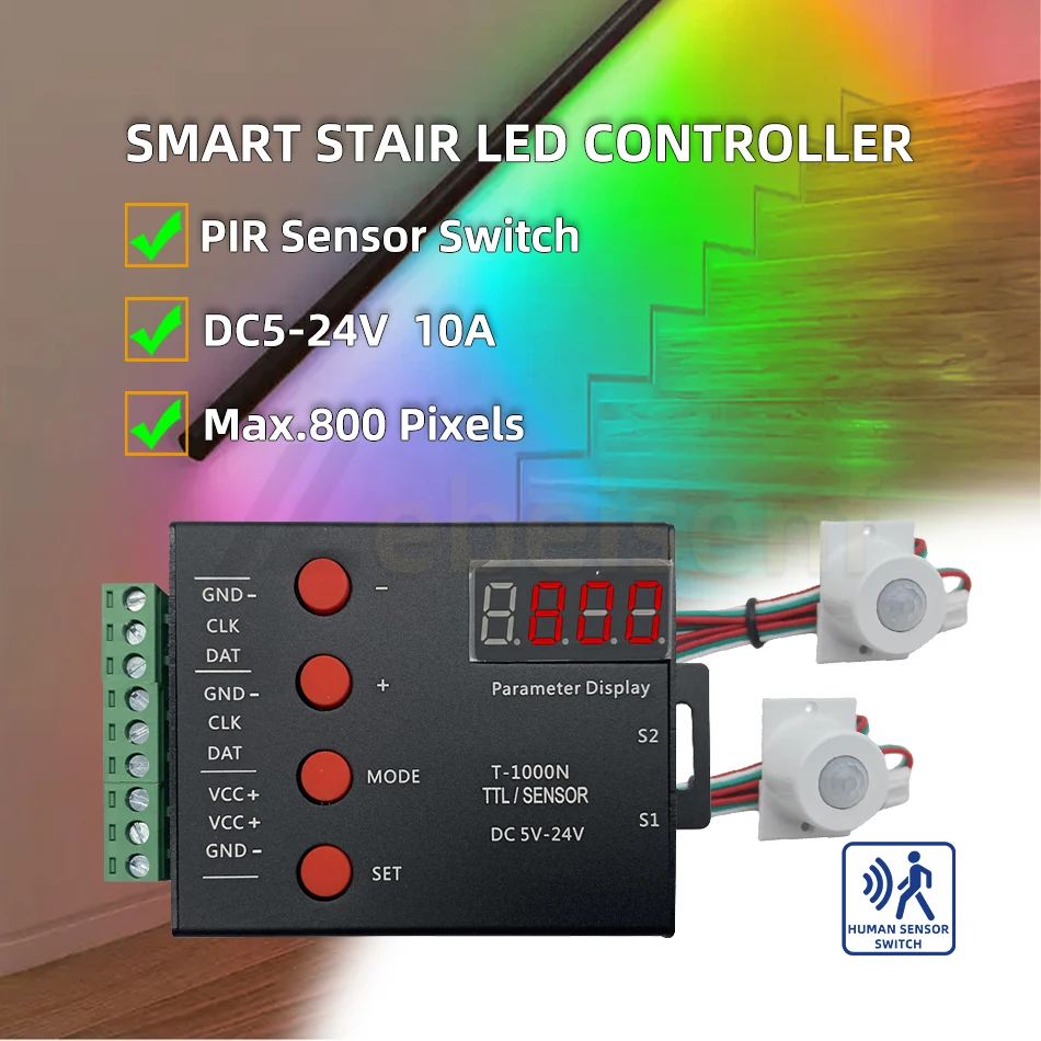 DC5-24V kontroler LED schodowy 10A 800 pikseli ściemniacz sygnału SPI i 2 PIR przełącznik czujnikowy ludzkiego ciała dla WS2812B 2811 pasek światło