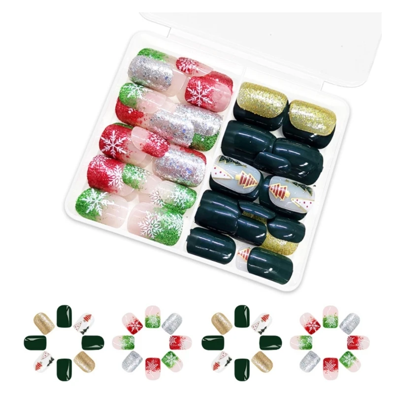 48 Pcs Christmas Press On Nails Short Square Full Cover False Nails for Winter Drop Shipping