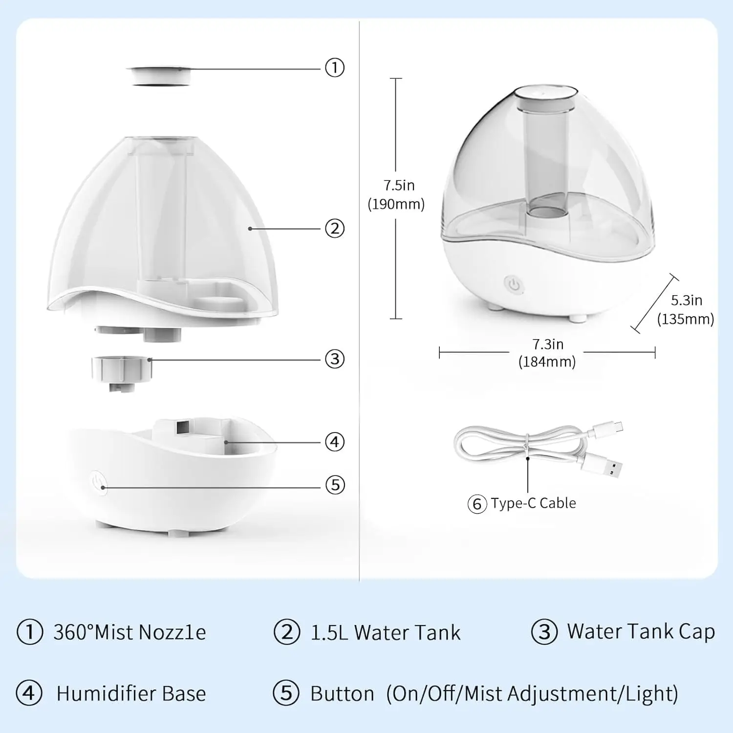 Mist Humidifier, Quiet Air Humidifiers for Bedroom, Desk Humidifiers Essential Oil Diffuser with Removable 1.5L Water Tank