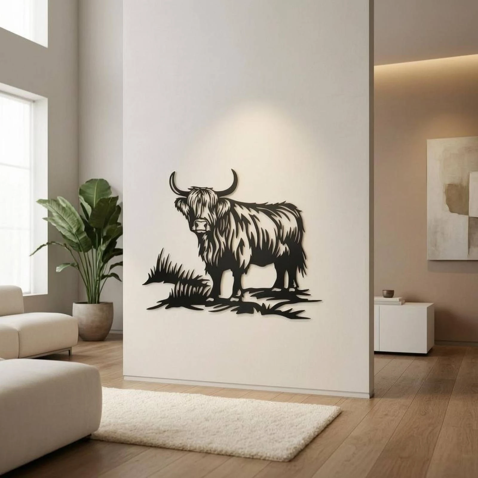 Highland Cow Outline Metal Art Cutout Shaggy Cow Wall Decoration Grass Design Ready to Hang