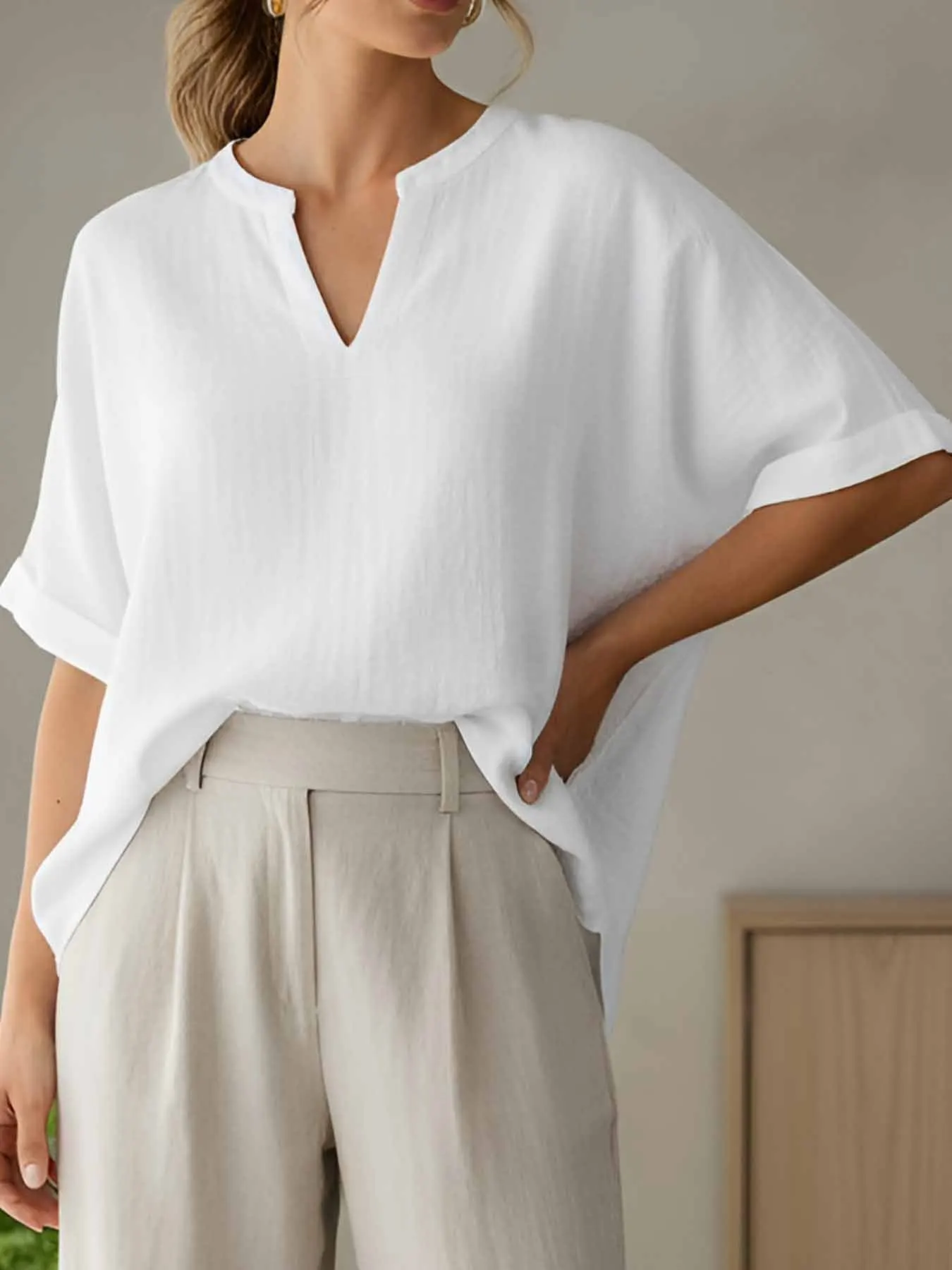 Women's 100%cotton soft-fabric top; a stylish and elegant casual V-neck shirt featuring a drop-shoulder design and short sleeves