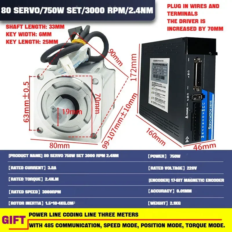 Imagem -04 - Codificador Incremental de 17 Bits Ac220v 750w Servo Motor 2.4nm 3000rpm ou 1kw ac Servo Motor 3.2nm 3000rpm com Driver Ac220v Cnc