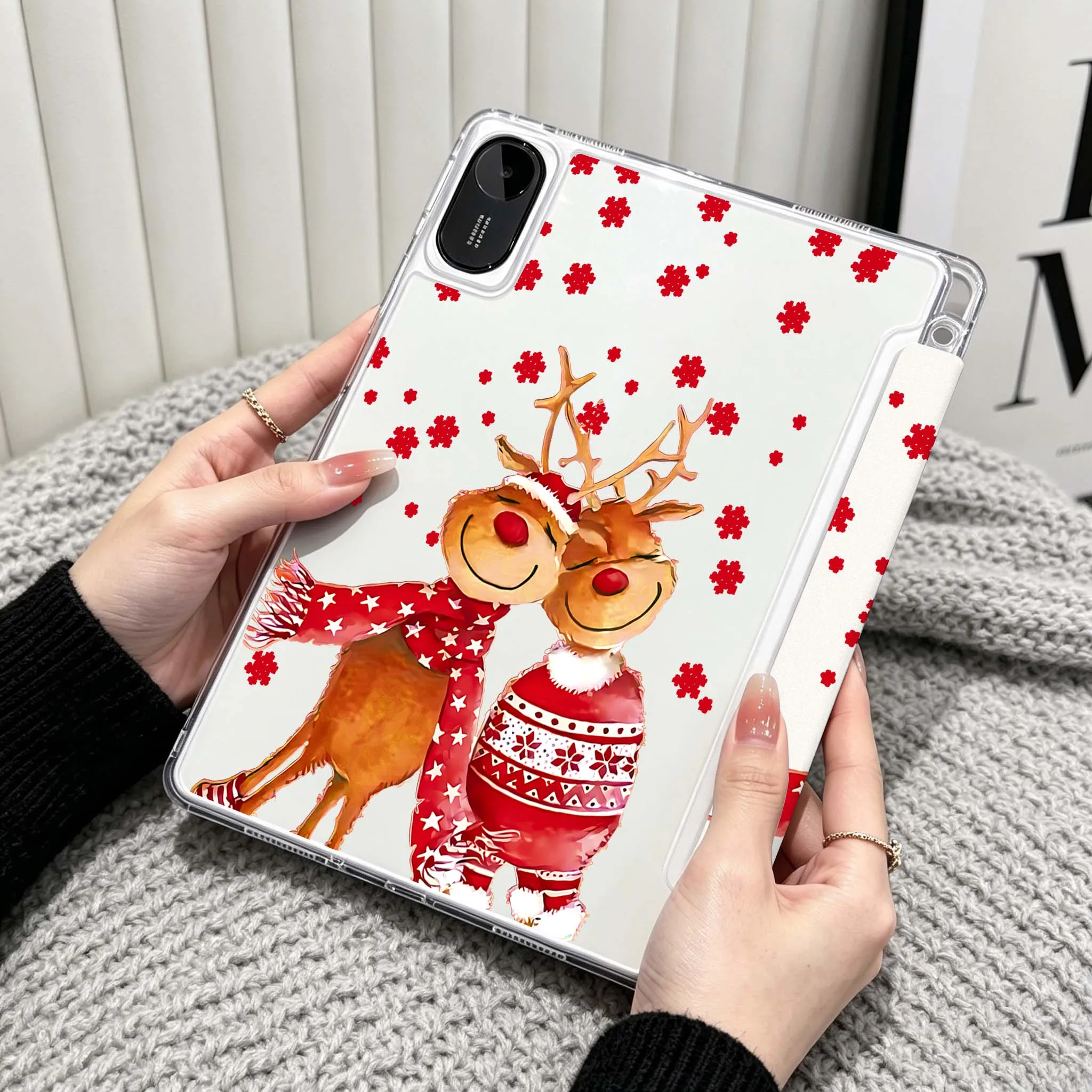 Red Nose Reindeer Case For Xiaomi Redmi Poco Pad 5 6 7 8 Pro SE 11 11.2 12.1 Inch Transparent Y-Shaped Folding Tablet