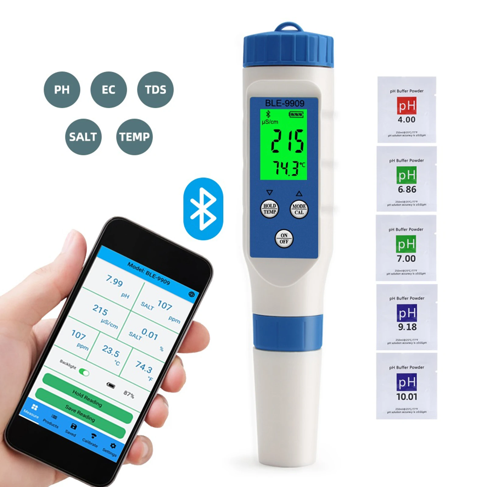 

Mobile APP Data Water Quality Detector PH/EC/TDS/SALT/TEMP 5 IN 1 Water Quality Testing Pen Measuring Conductivity