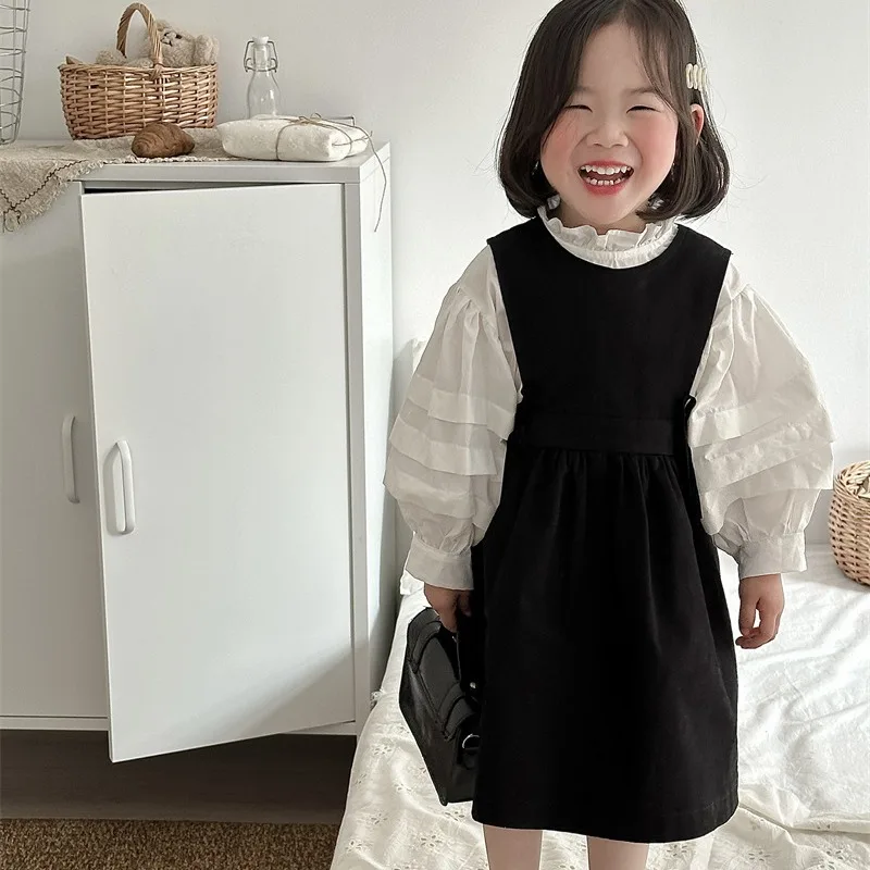 

Happy Fan2025Spring New Girls' Elegant Puff Sleeve Ruffled Stand Collar Shirt Children's Korean Solid Color Long Sleeve Shirt