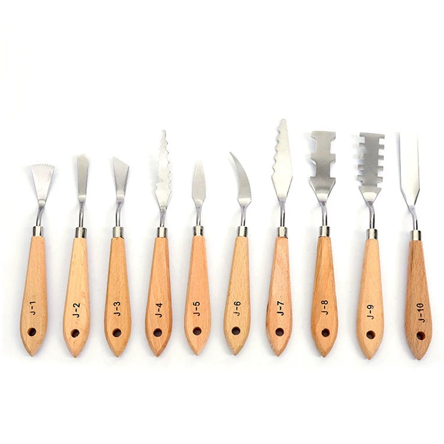 10個パレットナイフセット、ステンレス鋼スパチュラペイントナイフ、木製ハンドルペイントパレットナイフセット、油絵用
