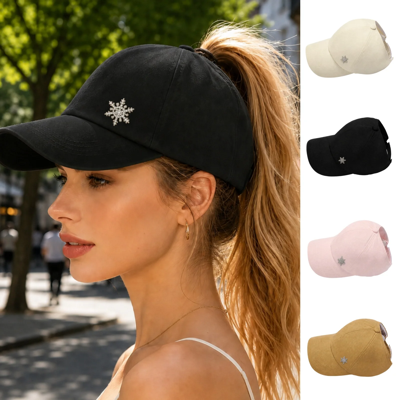 Women's Rhinestone Snowflake Baseball Cap High Ponytail Hole Solid Color Snapback Hat Daily Commute Travel Hat