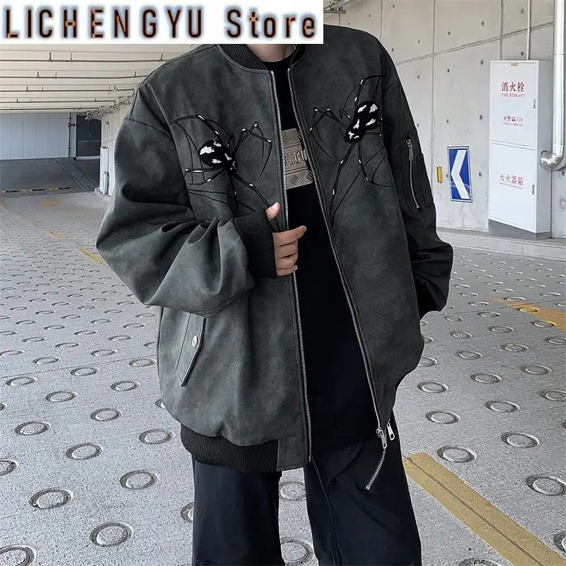 New Autumn Spider Embroidery Bomber Jacket Men PU Leather Coat Fashion Korean Streetwear Zip Up Baseball Outerwear Clothing Male
