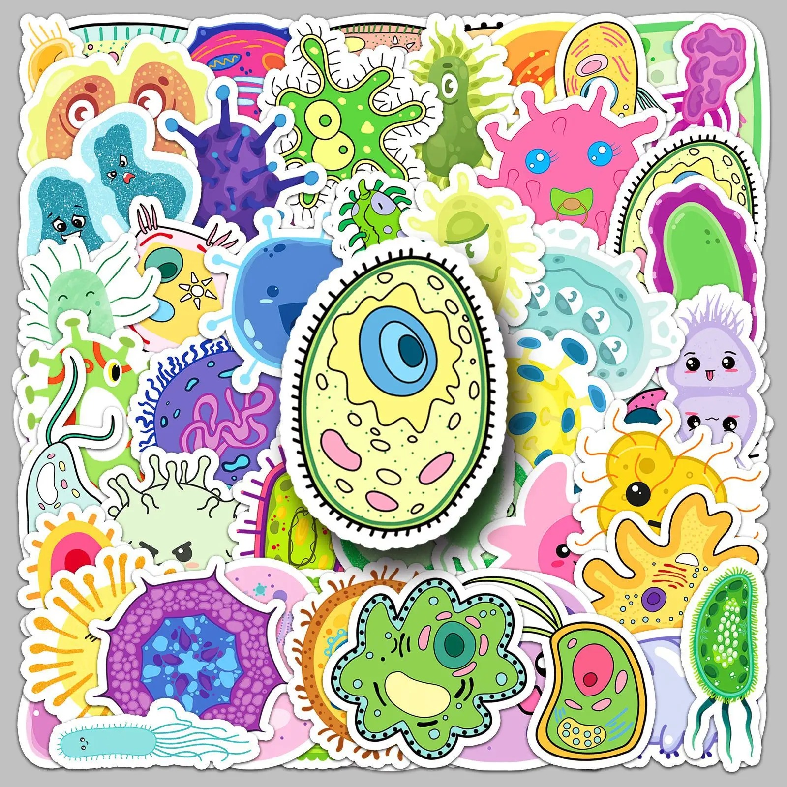 50PCS Cute Cartoon Microbe Stickers Kawaii Bacteria Virus Science Biology DIY Decorative Diary Waterproof Stickers Kids Toy