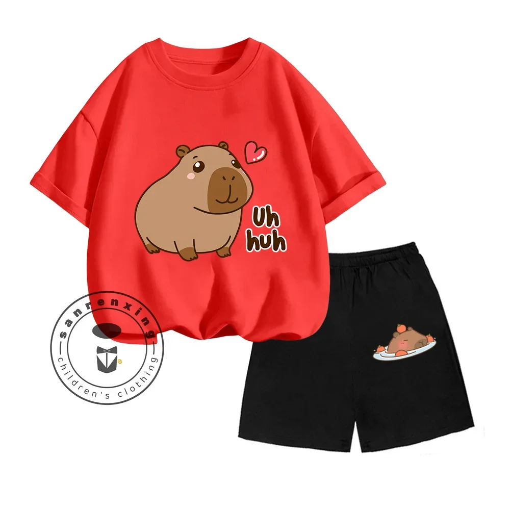 Capybara Vertical Graphic Cartoon Print Design O-neck Short Sleeves and Hip Hop Shorts Fit Both Boys and Girls Two-piece Sets