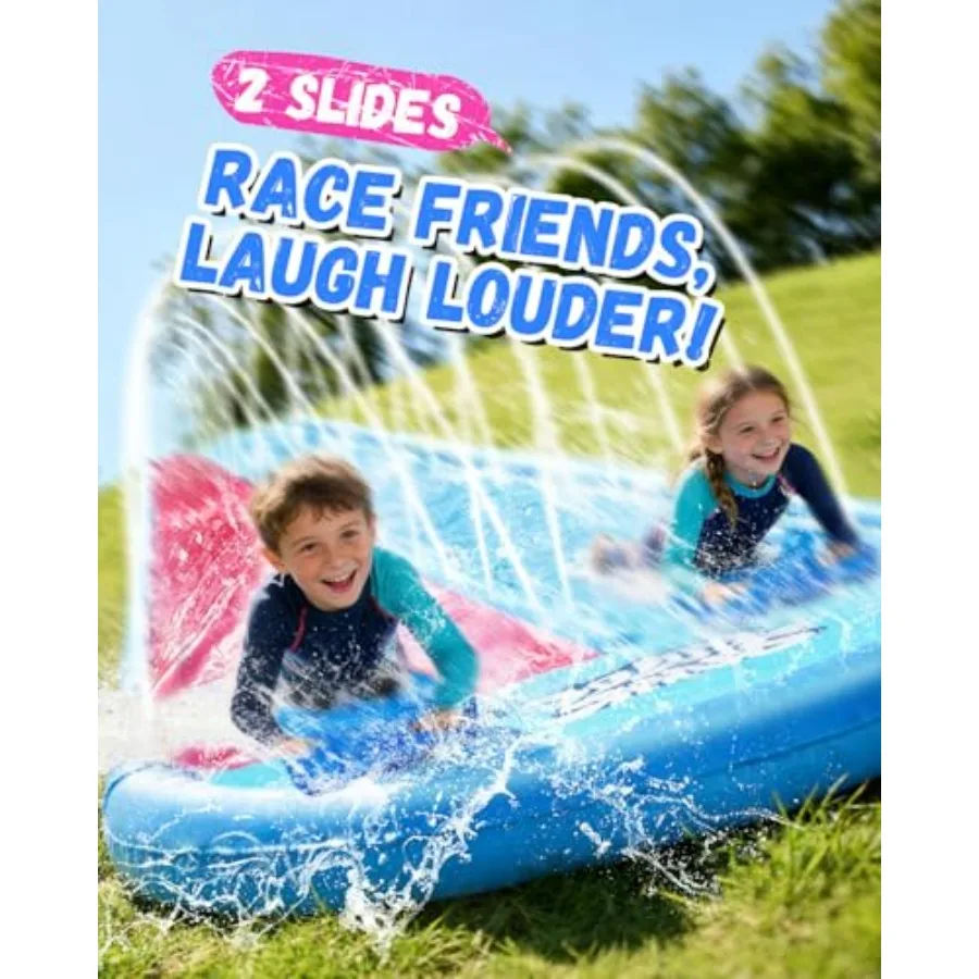 Backyard inflatable slip and water slide for kids, heavy-duty PVC, blue and red, 22ft dual-lane with bodyboards and sprinkler