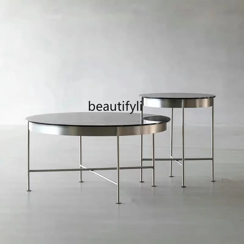4yj15노르딕 라이트 럭셔리 원형 심플 모던 스테인리스 강화유리 커피 테이블 거실 가구 세트