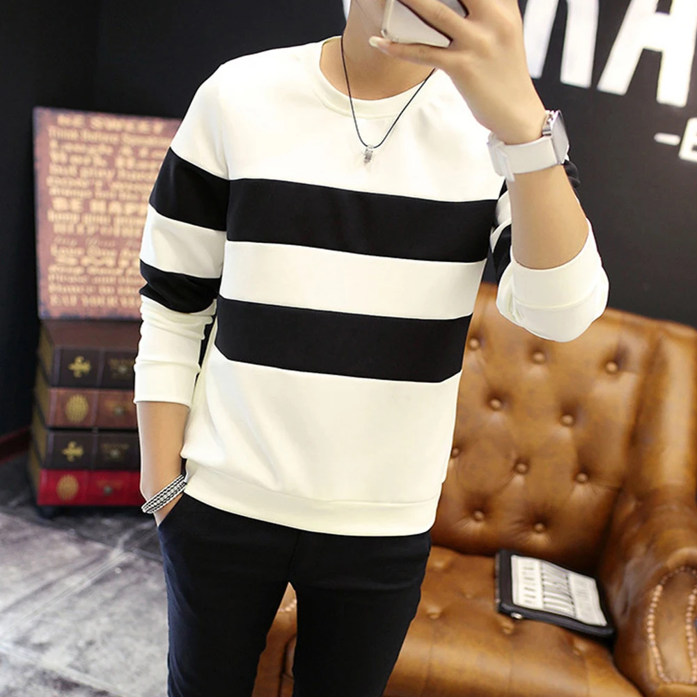 Men Fleece Lined Printed Striped Long-Sleeve Pullover Sportswear for Office Casual