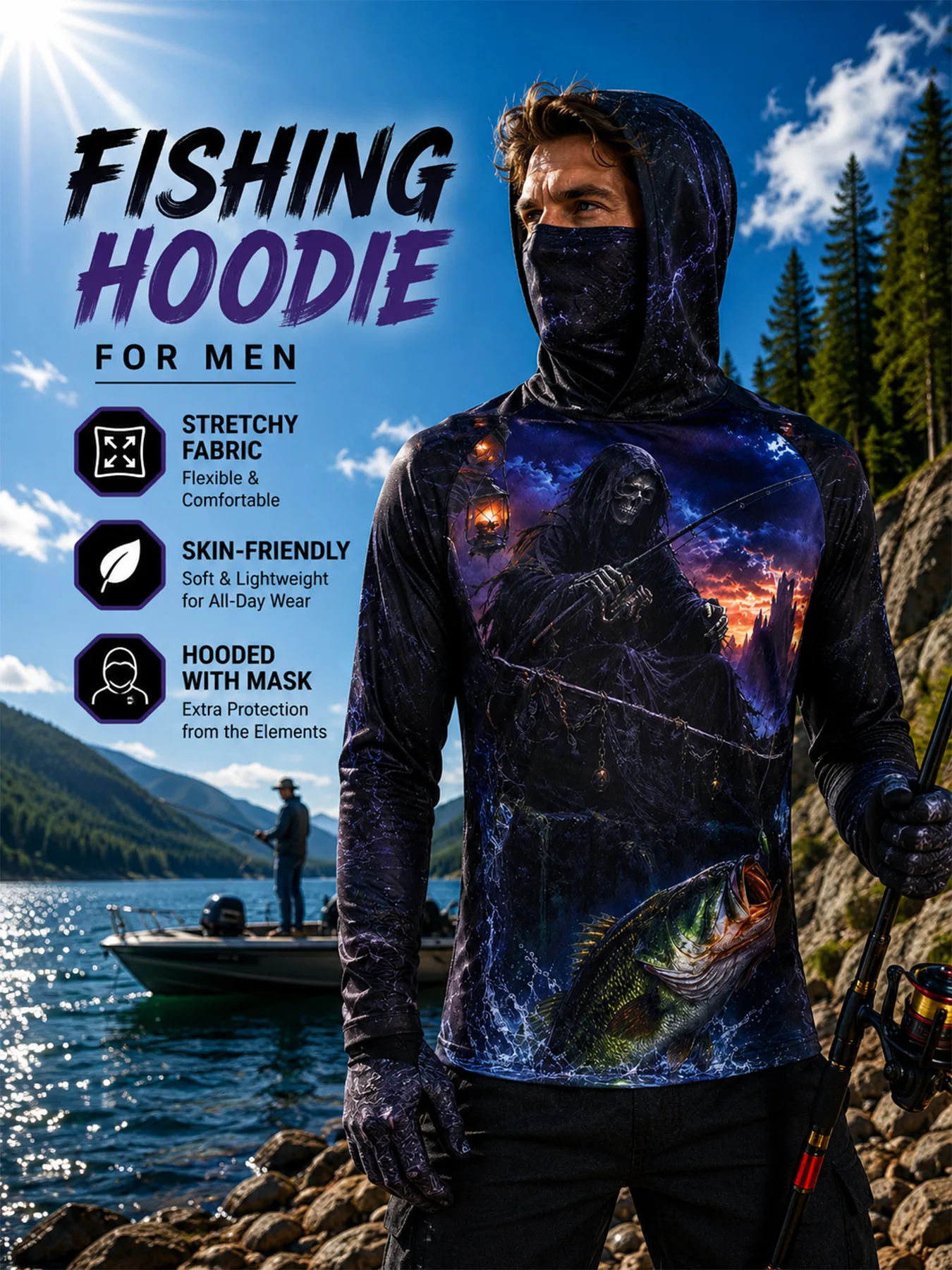Men's Quick-Dry Fishing Sun Hoodie UV Protection with Face Mask Neck Gaiter Breathable Anti-Mosquito Outdoor Hooded Shirt 2