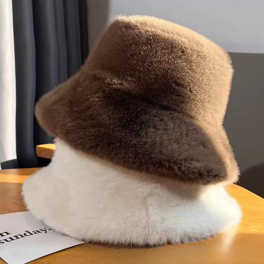 

Fluffy Fur Fisherman Hat For Women Winter Plush Ear Protection Cap Windproof Warm Female Panama Caps Solid Fashion Bucket Hat