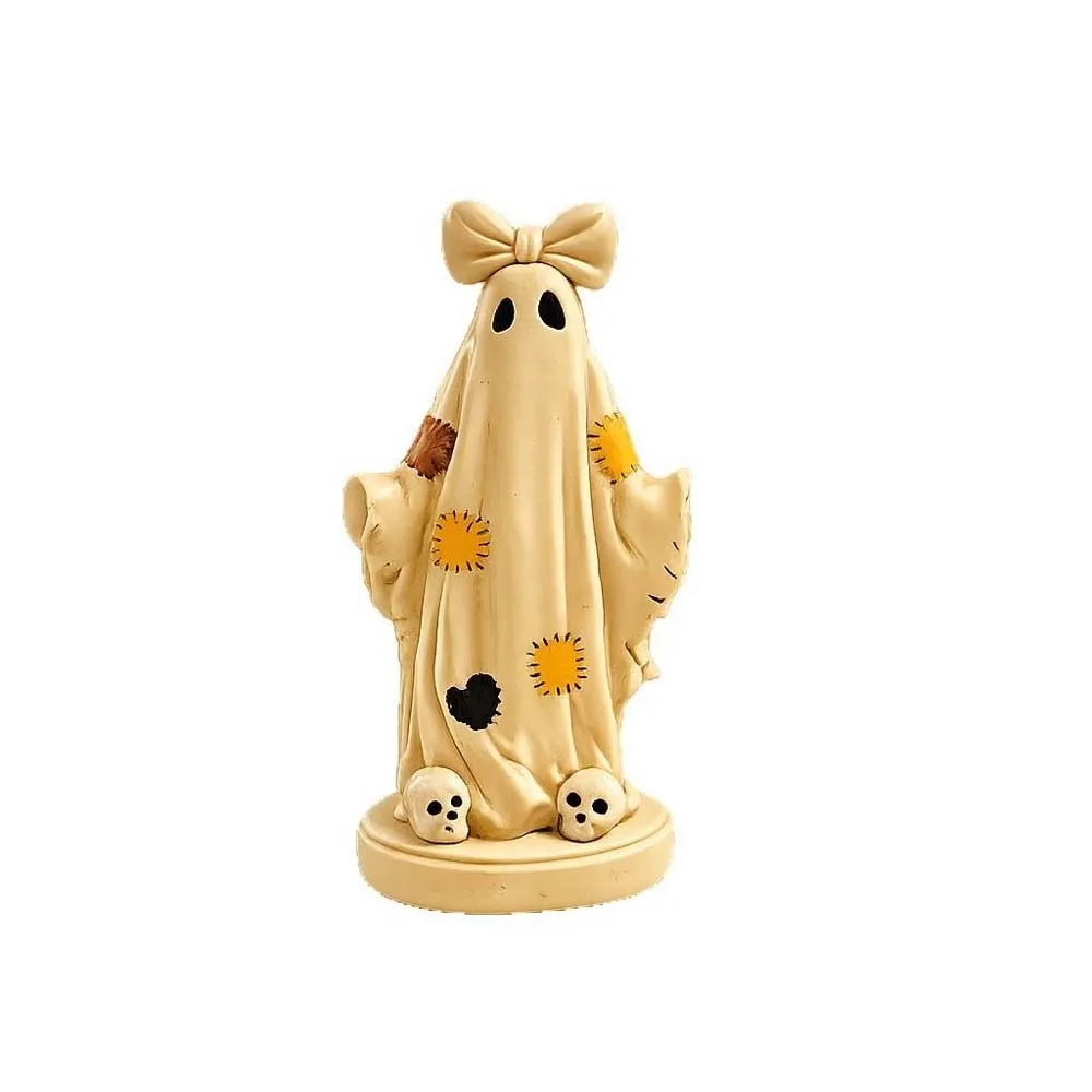 Resin Halloween Figurine Patchwork Detail Vibrant Orange Pumpkin Sculpture Durable Quality Handpainted Surface Ghost Ornament