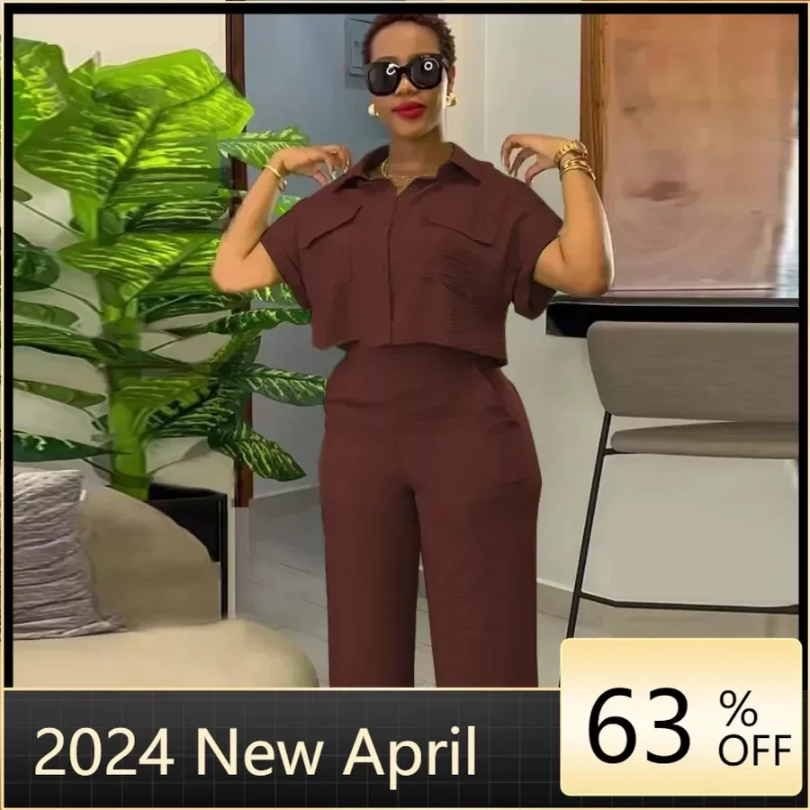 

Women's Casual Pants Set Daily Work New Spring Summer 2024 Solid Color Lapel Short Sleeved Shirt Wide Leg Long Pants Fashion Set