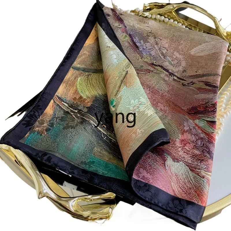 

LMM retro oil painting lotus flower, mulberry silk scarf, double-sided printed silk flower Luo large square scarf