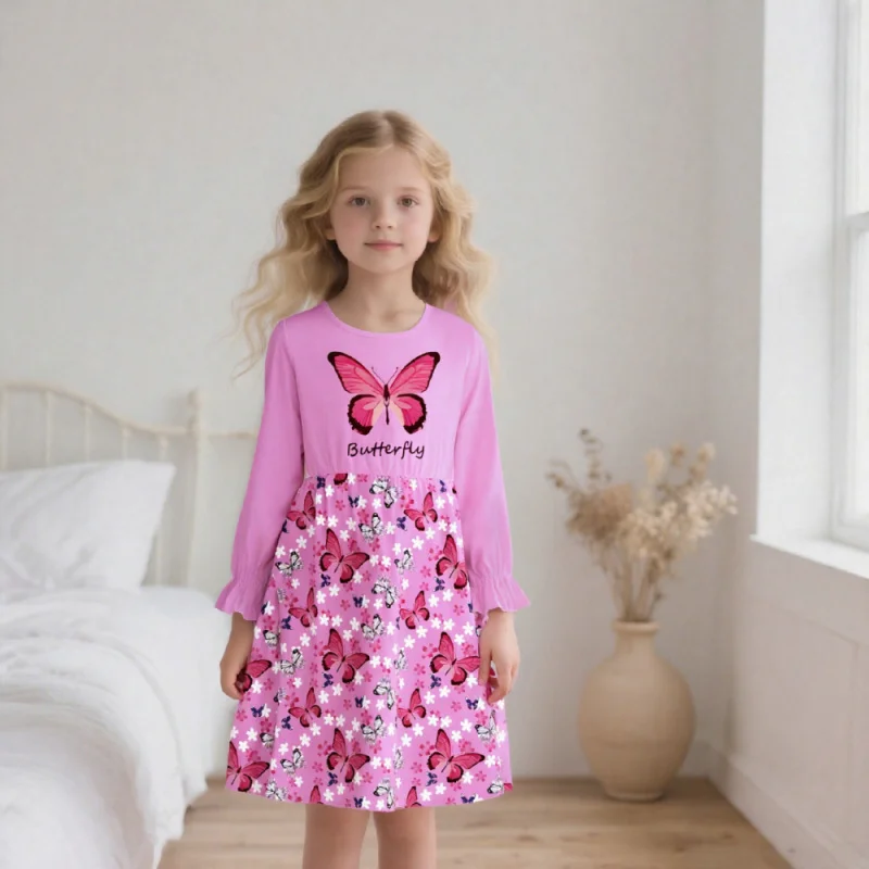 

2025 Sweet and Fresh Butterfly Print Long Sleeve Girls' Dress