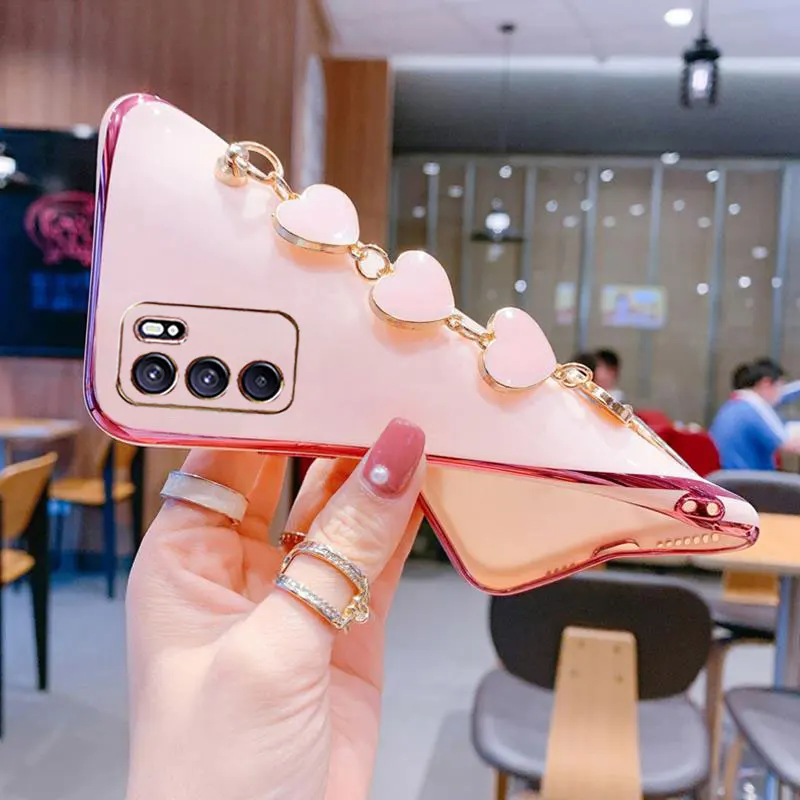 Wrist Bracelet Phone Case For OPPO A54S A54 4G 5G Case Luxury Heart Chain Plating Cover For OPPO A54S Case A 54S A54 A16 A16S